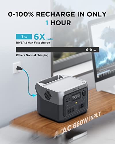 EF ECOFLOW Portable Power Station RIVER 2 Max, 512Wh LiFePO4 Battery/ 1 Hour Fast Charging