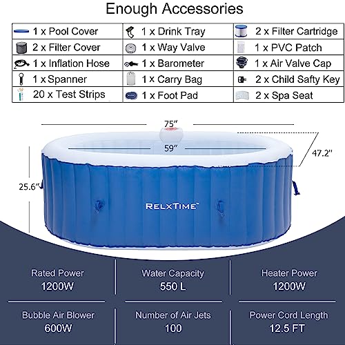 RELXTIME Inflatable Portable Hot Tub 2 Person Outdoor Air Jet Spa Oval Blow Up Hottubs with 100 Bubble jets