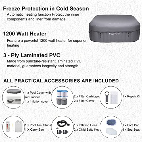 RELXTIME Inflatable Hot Tub Spa, 4-6 Person Blow Up Portable Hottub 73'' x 25.6'' AirJet