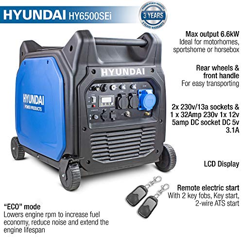 Hyundai Petrol Inverter Generator, 240v, 8.25kva, 6.6kw With Remote Key Electric Start